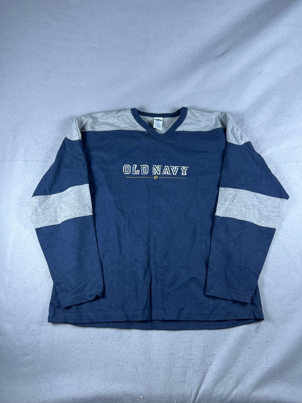 Vintage Old Navy Shirt Mens 2XL Blue Gray V Neck Spellout Embroidered Classics